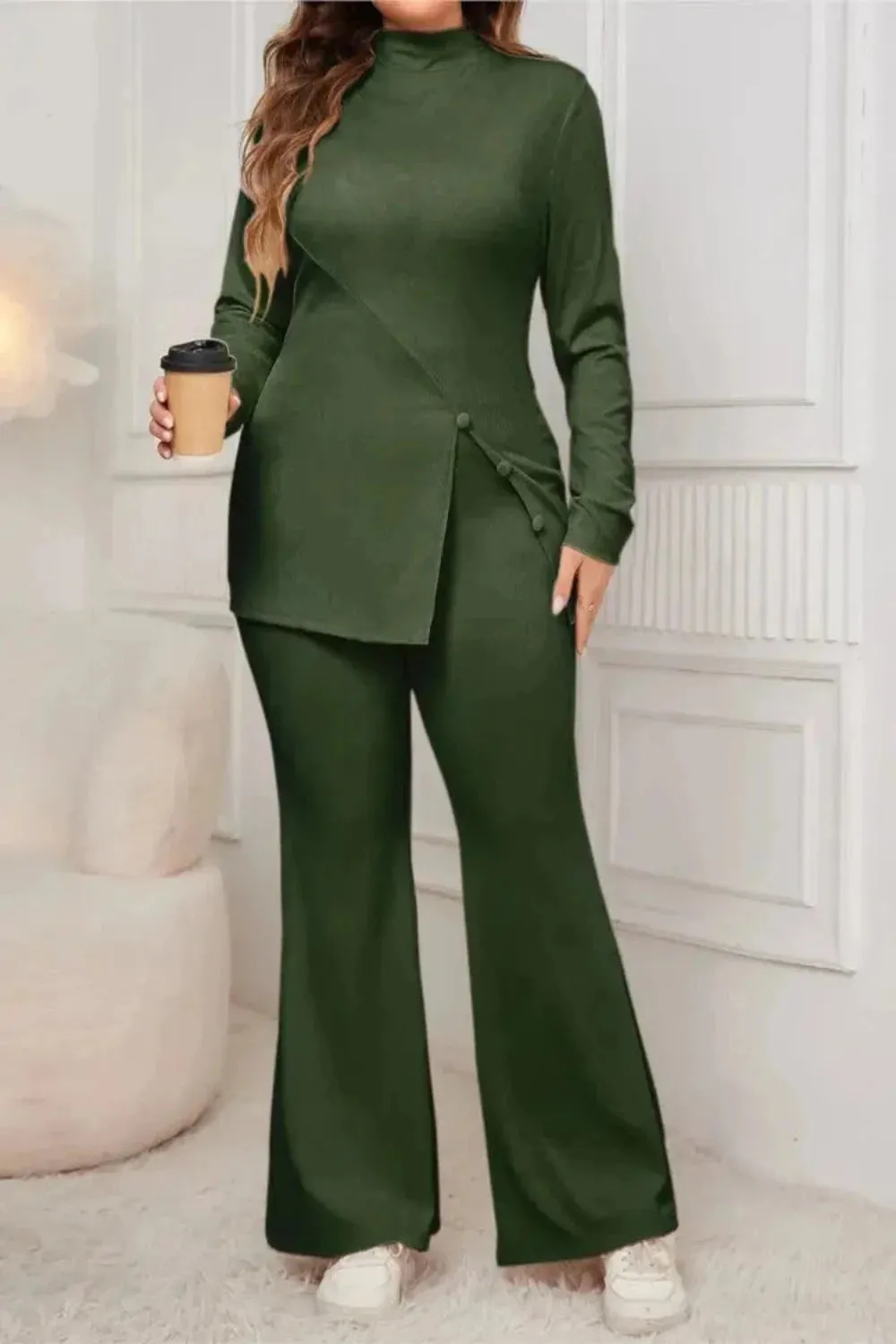 Button Split Side Top and Loose Flared Pant Set