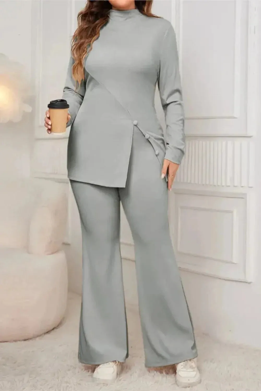 Button Split Side Top and Loose Flared Pant Set