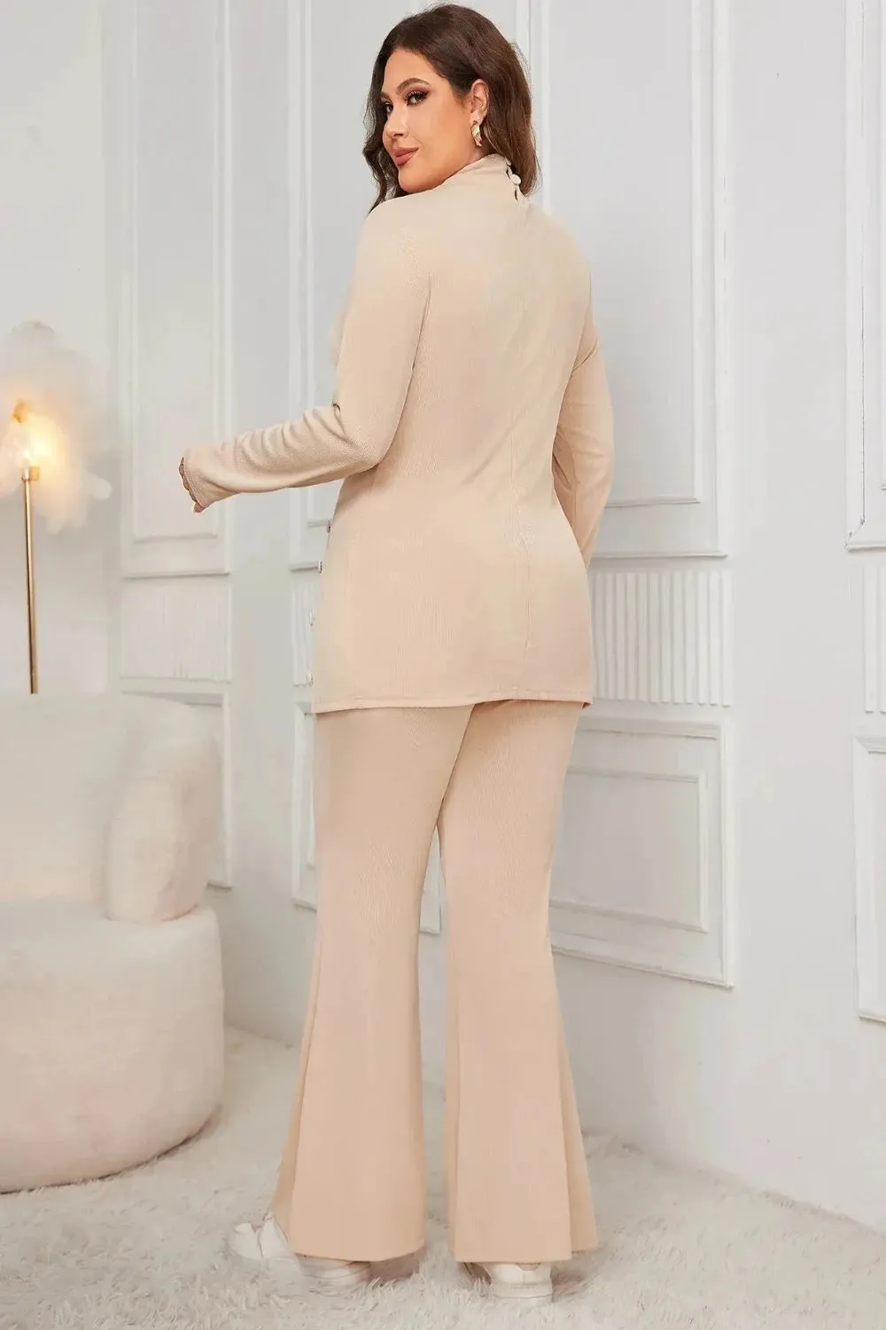 Button Split Side Top and Loose Flared Pant Set