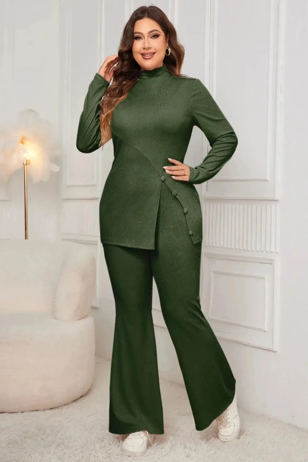 Button Split Side Top and Loose Flared Pant Set