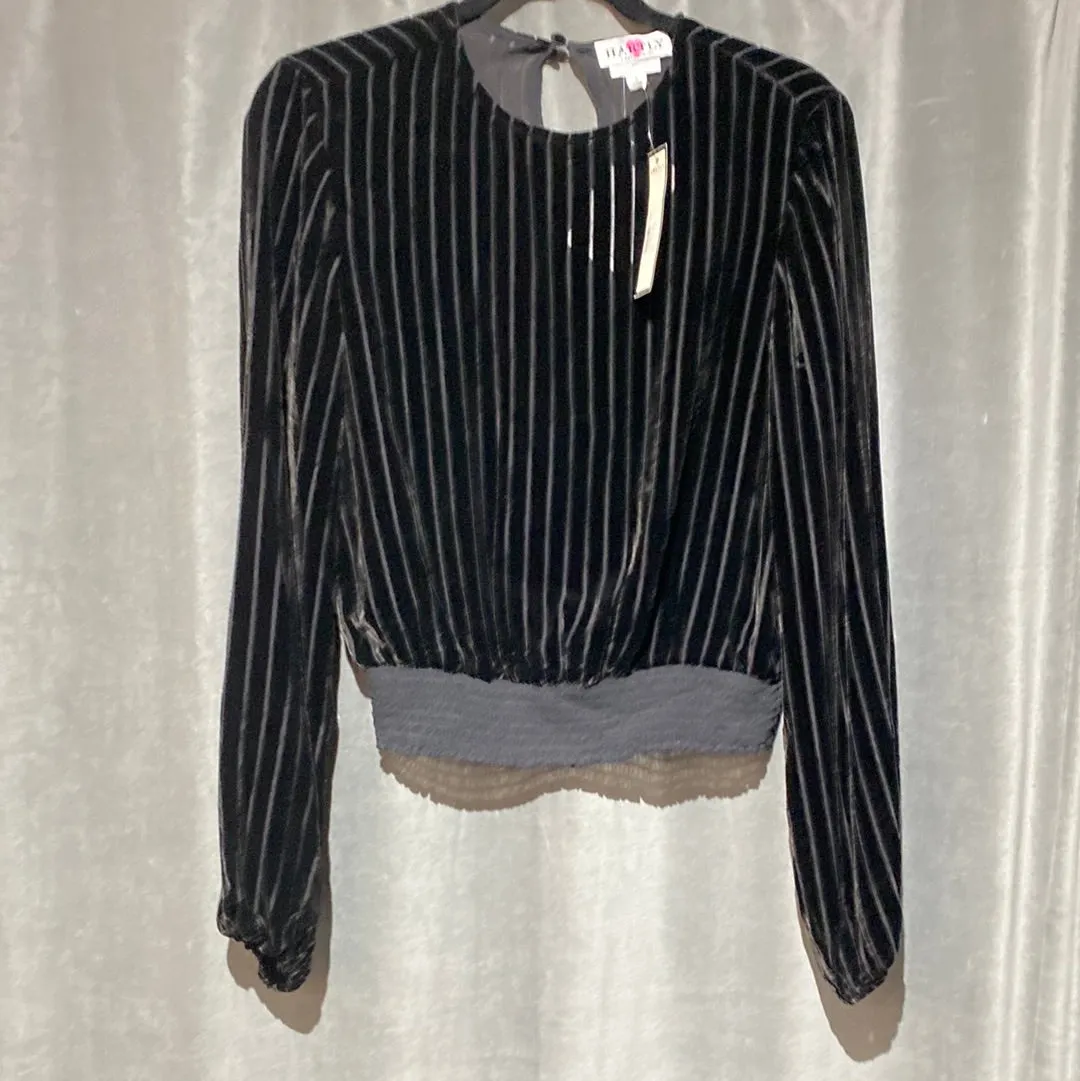 Cami NYC Black Long Sleeve Elastic Bottom Velvet Striped Blouse