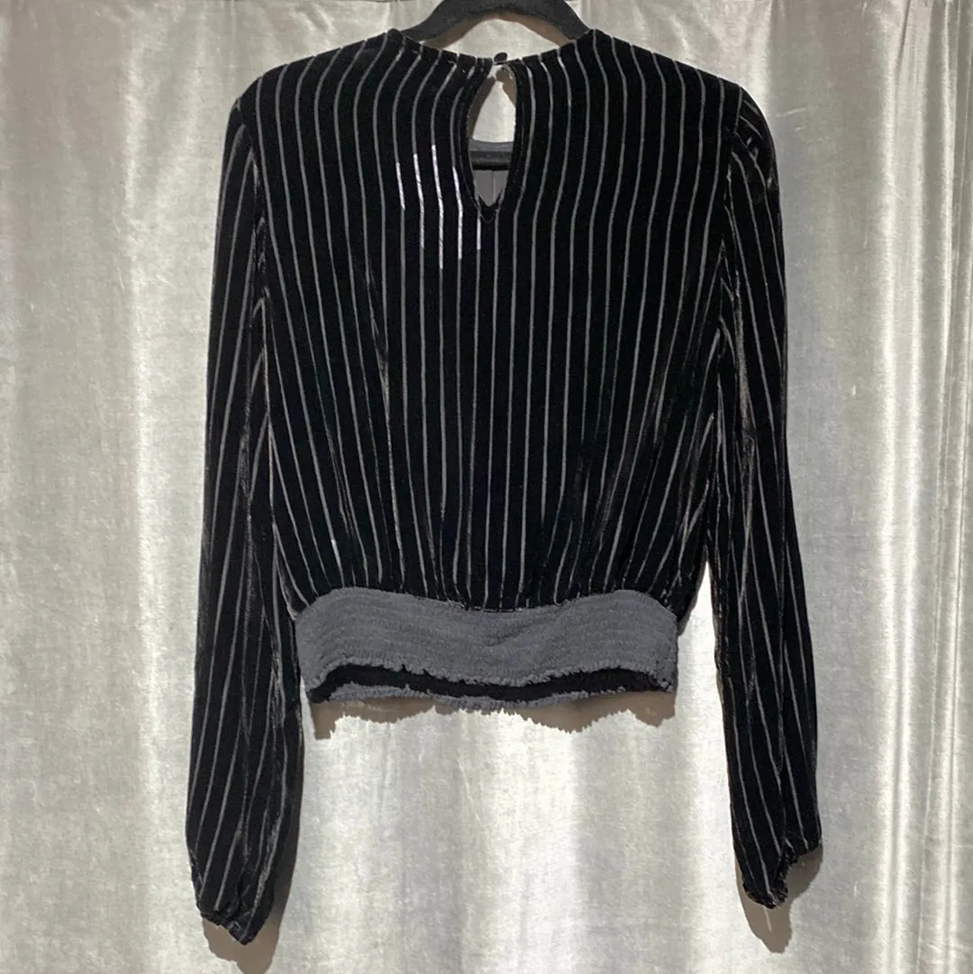 Cami NYC Black Long Sleeve Elastic Bottom Velvet Striped Blouse