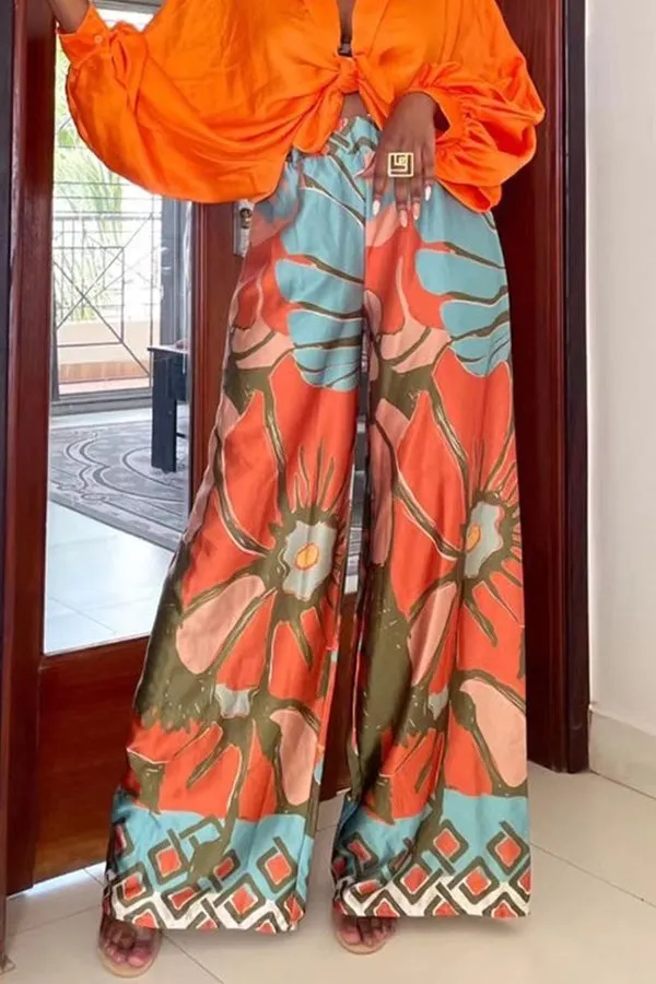 Casual home loose personality floral wide-leg pants