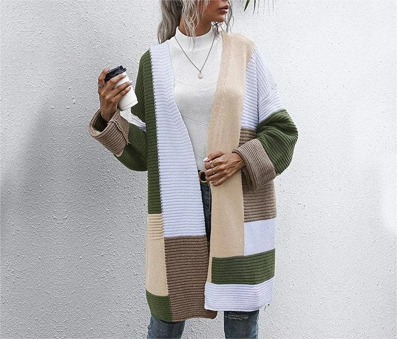 Color Clash Cardigan Knit Long Jacket: