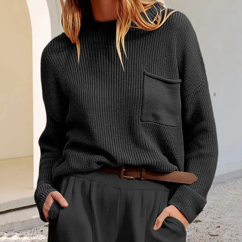 Crewneck Long Sleeve Pockets Knitted Top