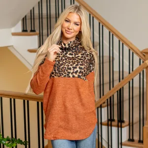 Curved Hem Leopard Turtleneck Long Sleeve Blouse Regular & Plus Sizes