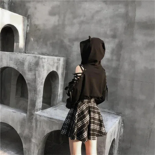 Dark Cute Ear Hoodie / Plaid Skirt  UB96027