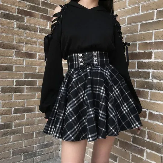 Dark Cute Ear Hoodie / Plaid Skirt  UB96027