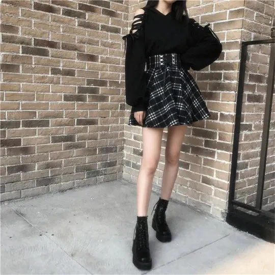 Dark Cute Ear Hoodie / Plaid Skirt  UB96027