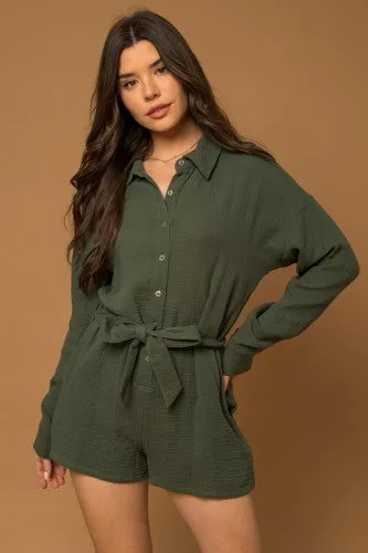 Dark Green Long Sleeve Double Gauze Romper