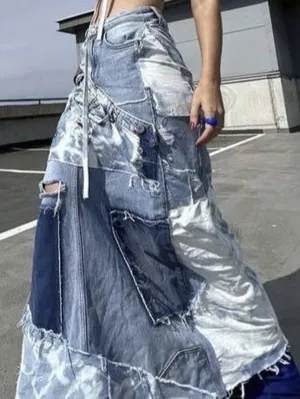 Denim Patchwork Skirt For Women Summer Autumn 2024 New Ripped Raw Trim Contrast Color Versatile A-line Ankle Length Maxi Skirts