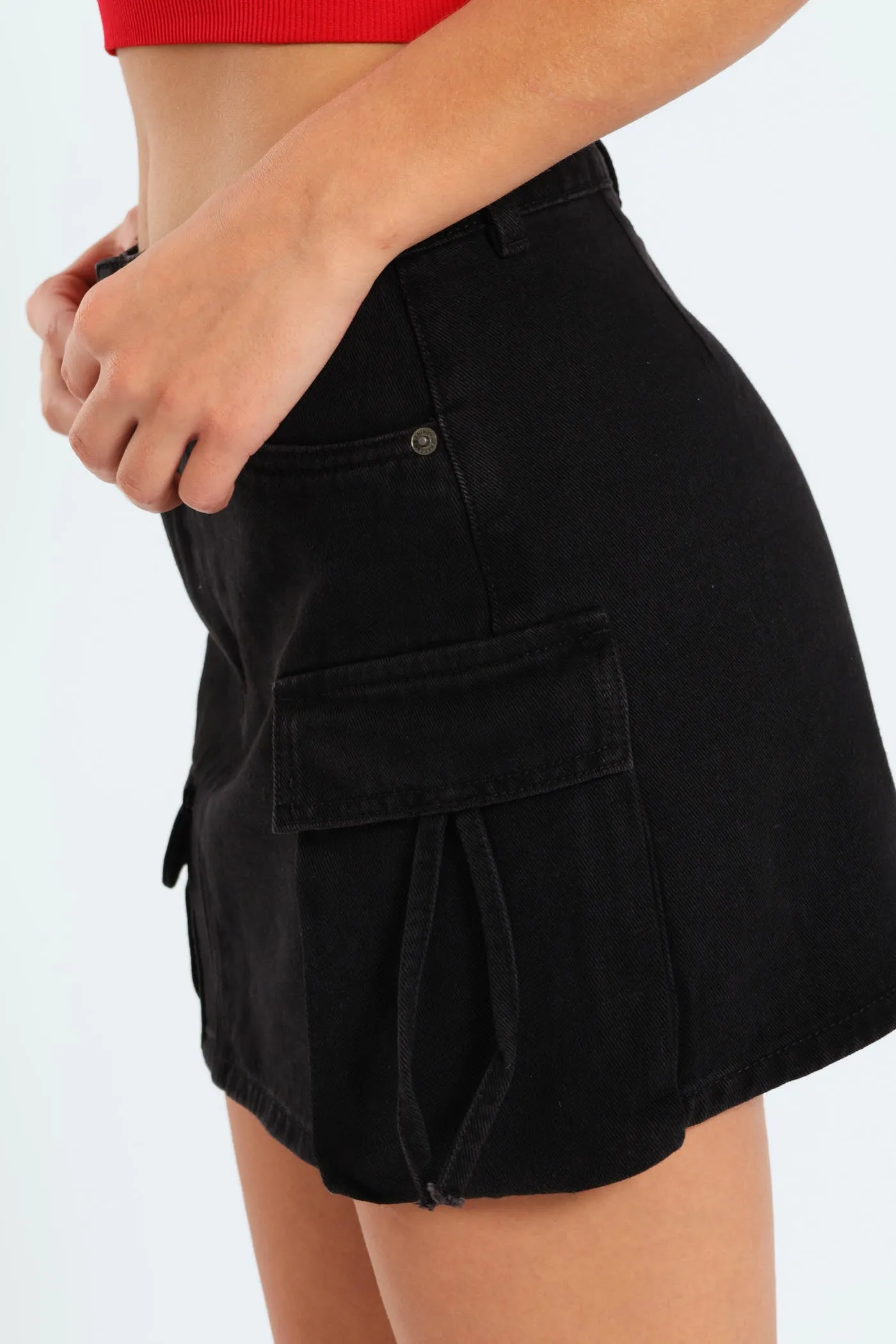 Denim Strap Utility Skirt - Black