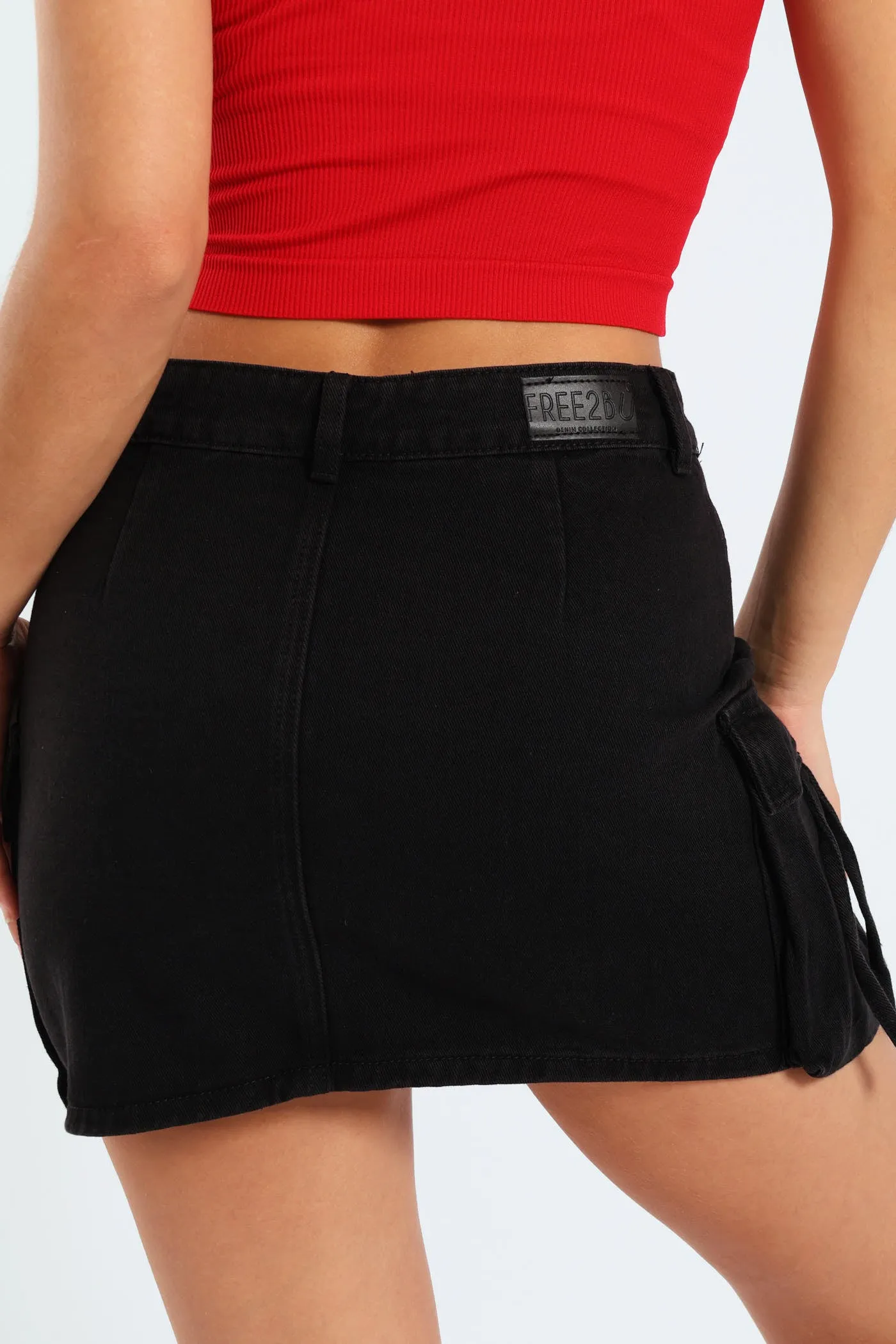 Denim Strap Utility Skirt - Black
