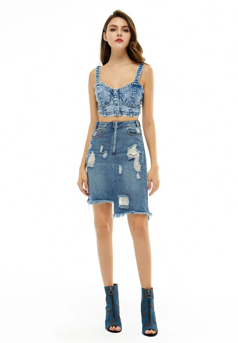 distressed denim skirt