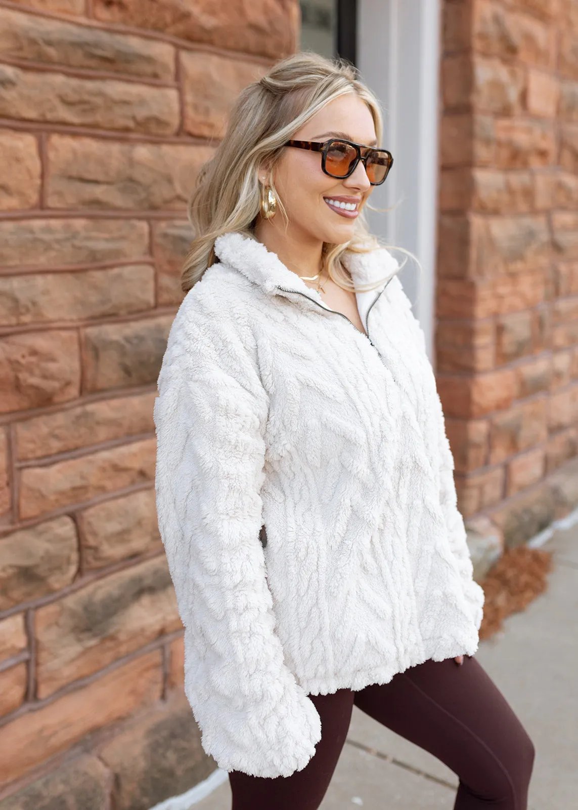 Ecru Fuzzy Half Zip Pullover