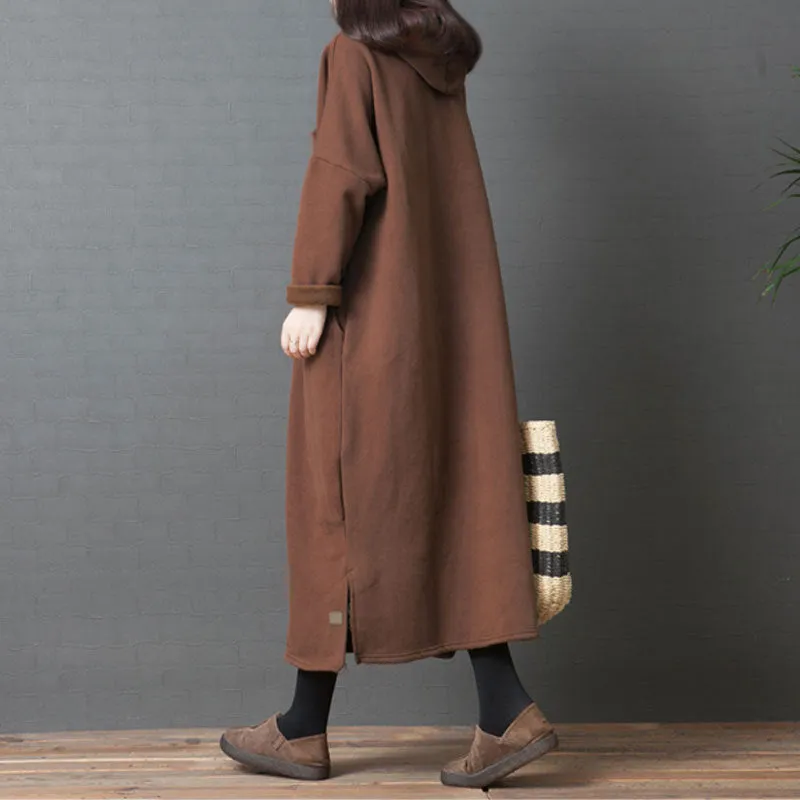 Fleece-Lined Thickened Mid-Length Hooded Sweatshirt Dresses