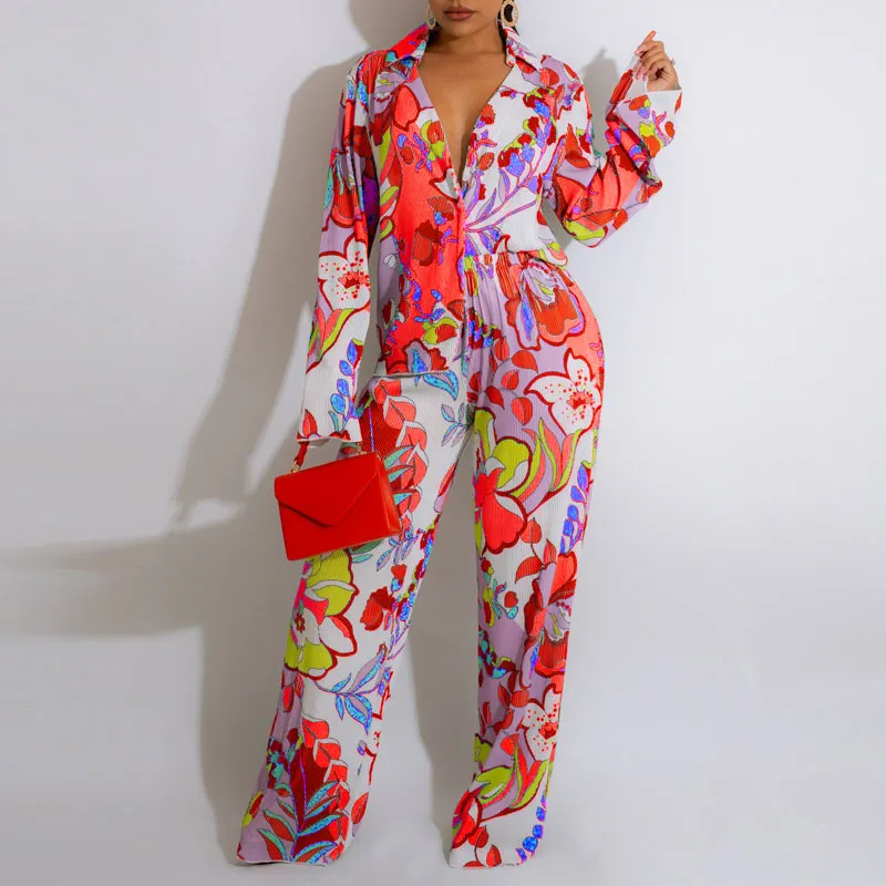 Floral Print Long Sleeve Loose Blouse & Pants Set