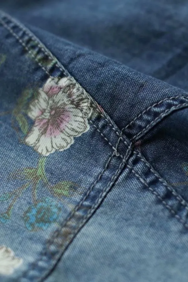 Floral Printing Denim Elastic Skirt