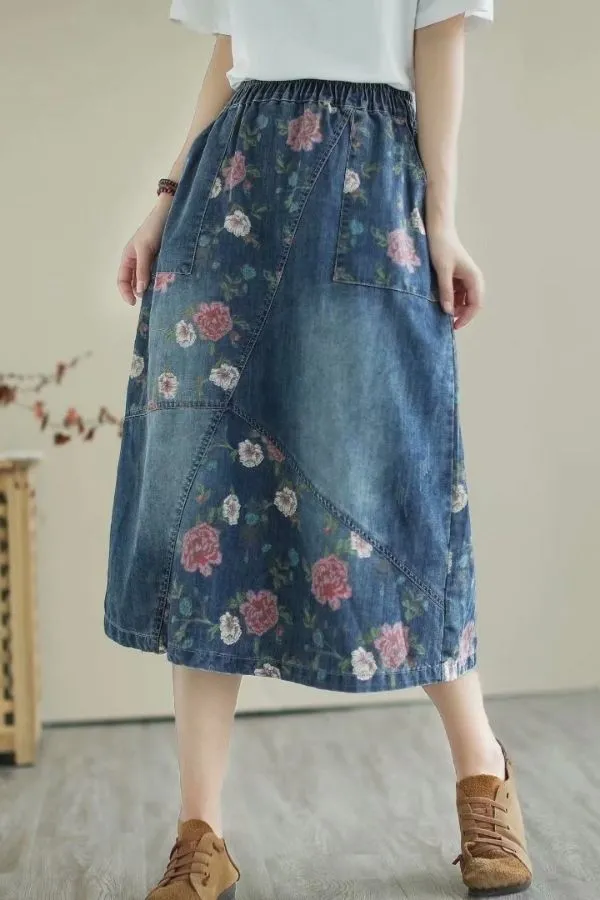 Floral Printing Denim Elastic Skirt