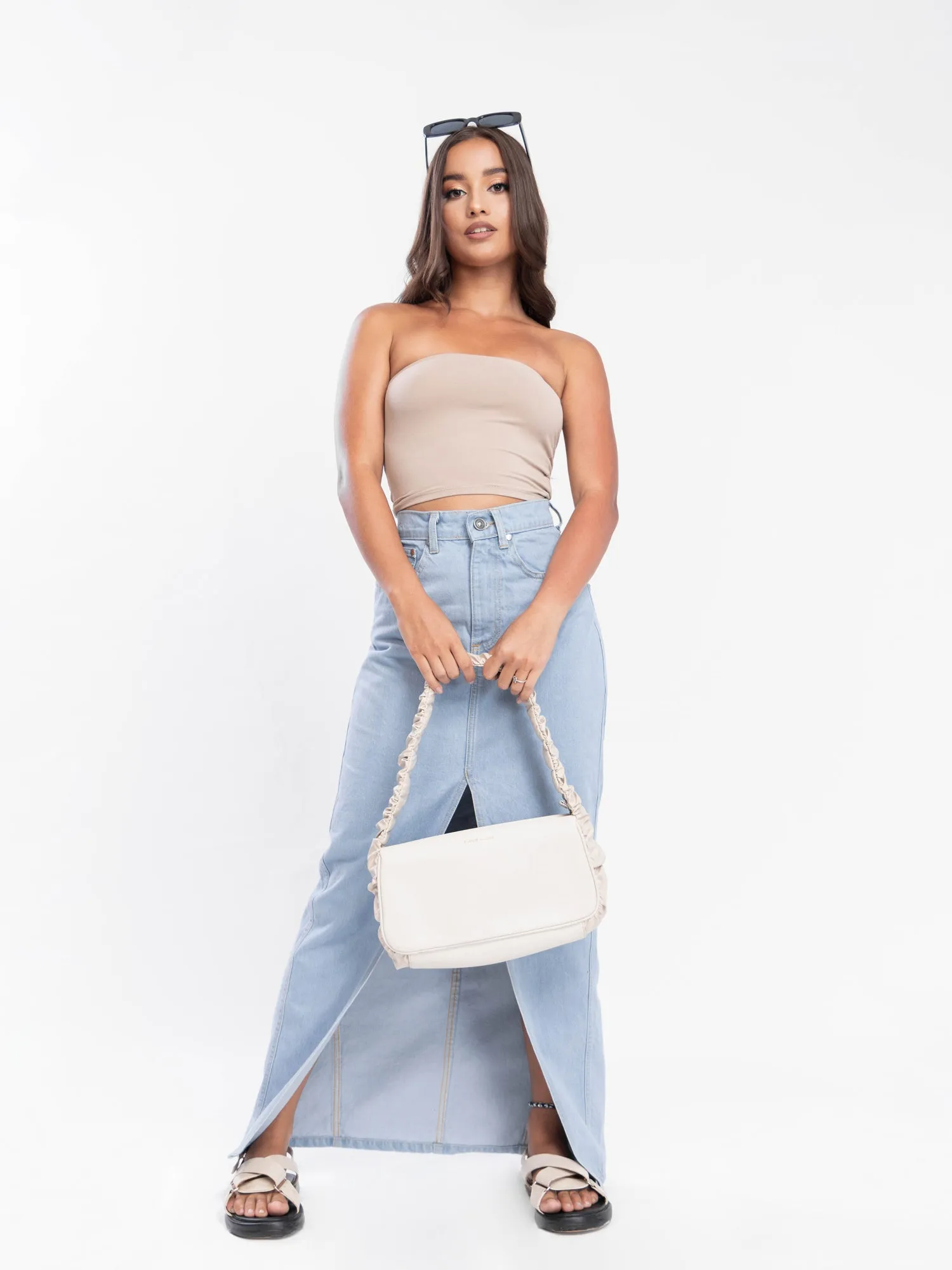 Front Slit Denim Maxi Skirt