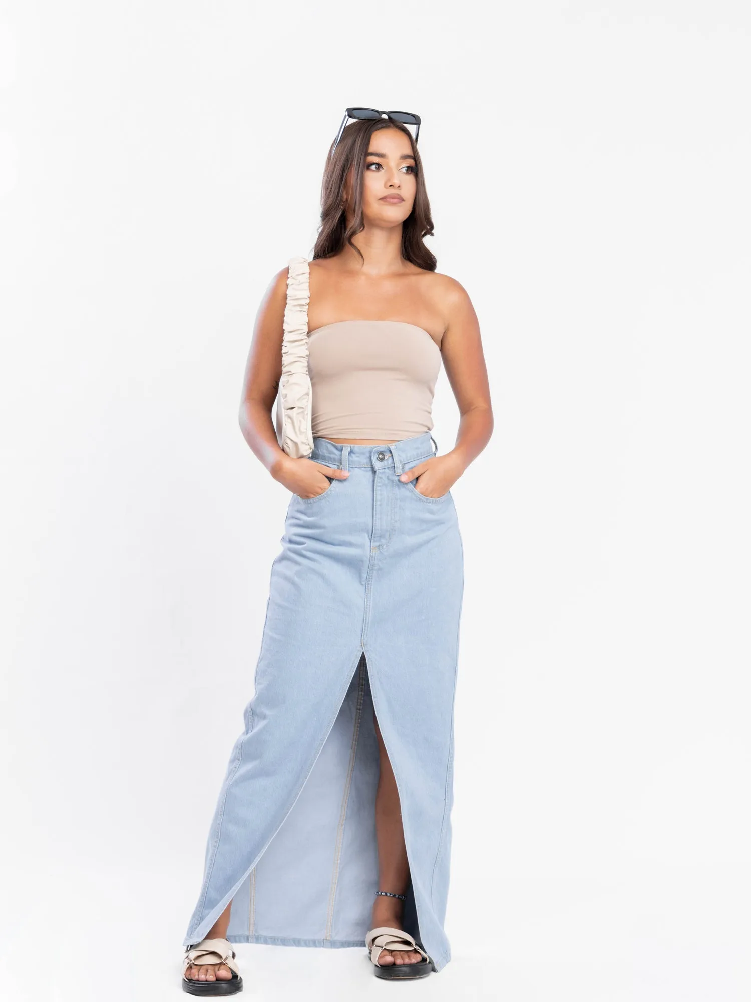 Front Slit Denim Maxi Skirt