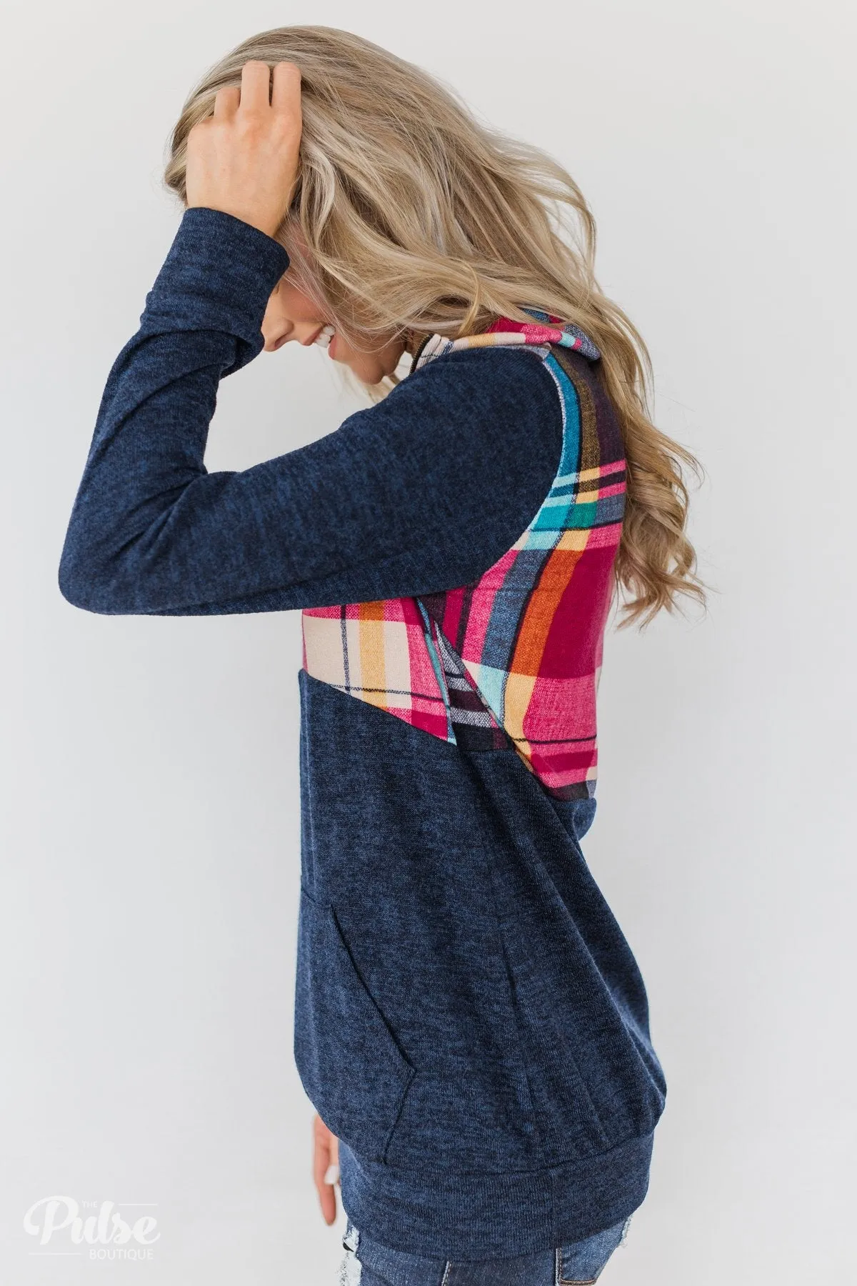 Fun in the Making Plaid Quarter Zip- Navy
