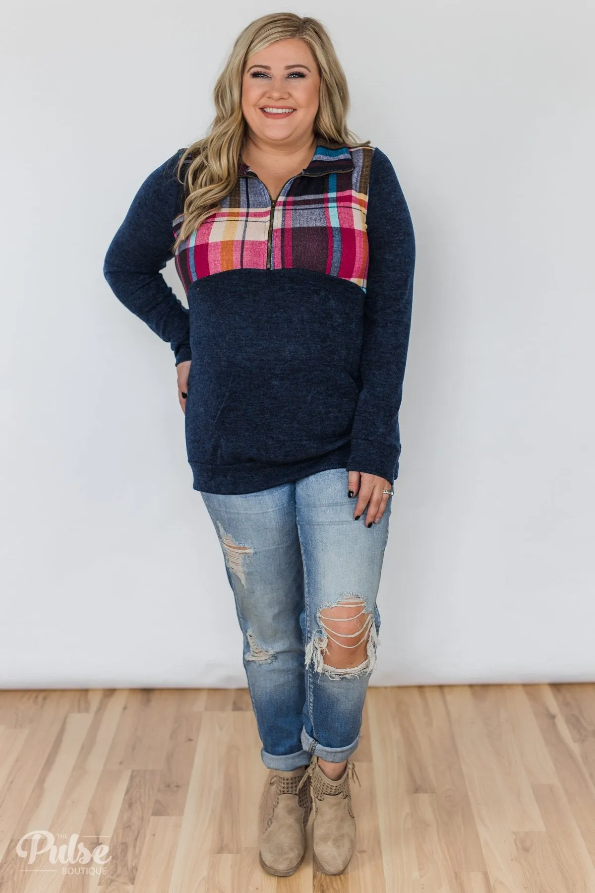 Fun in the Making Plaid Quarter Zip- Navy