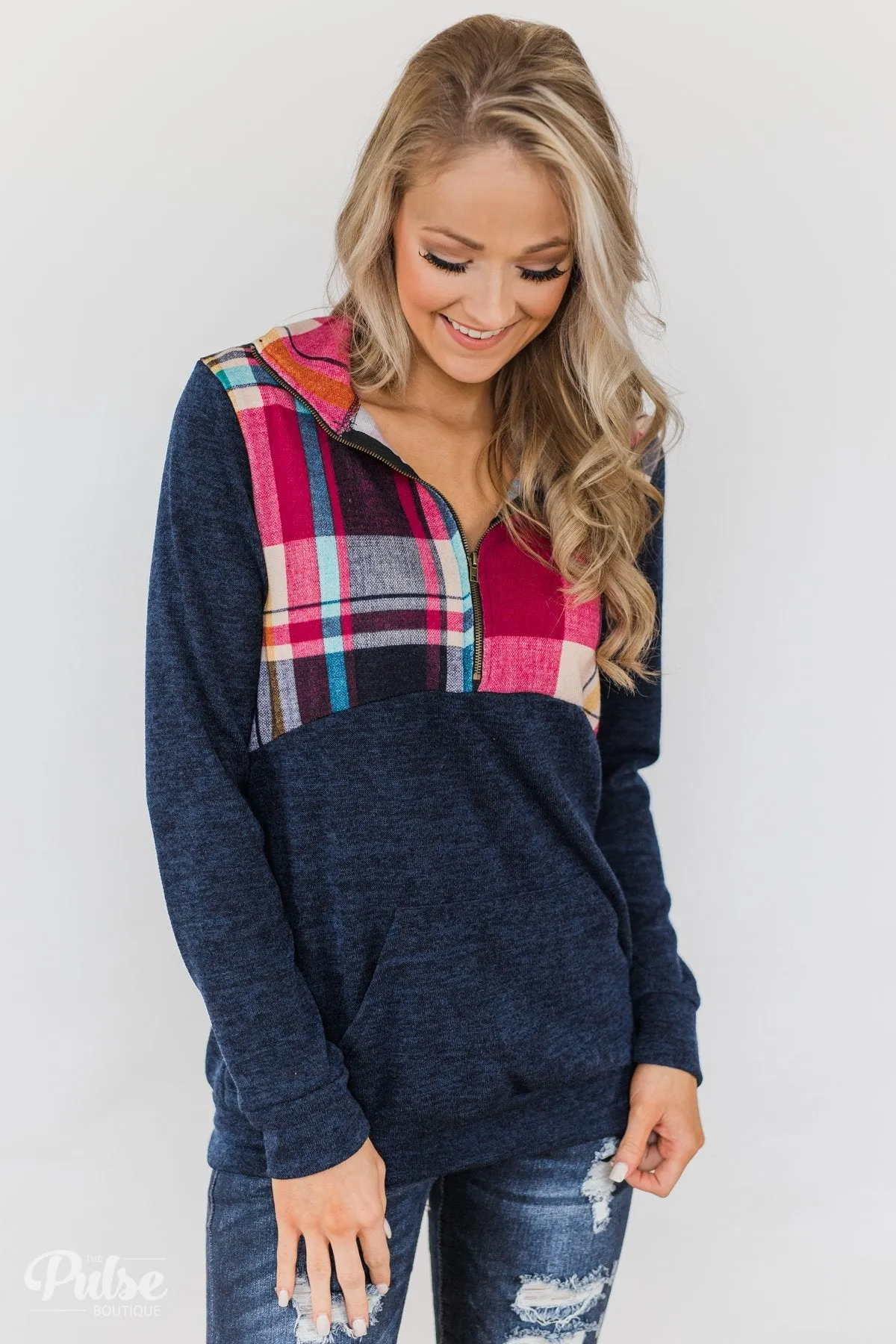 Fun in the Making Plaid Quarter Zip- Navy