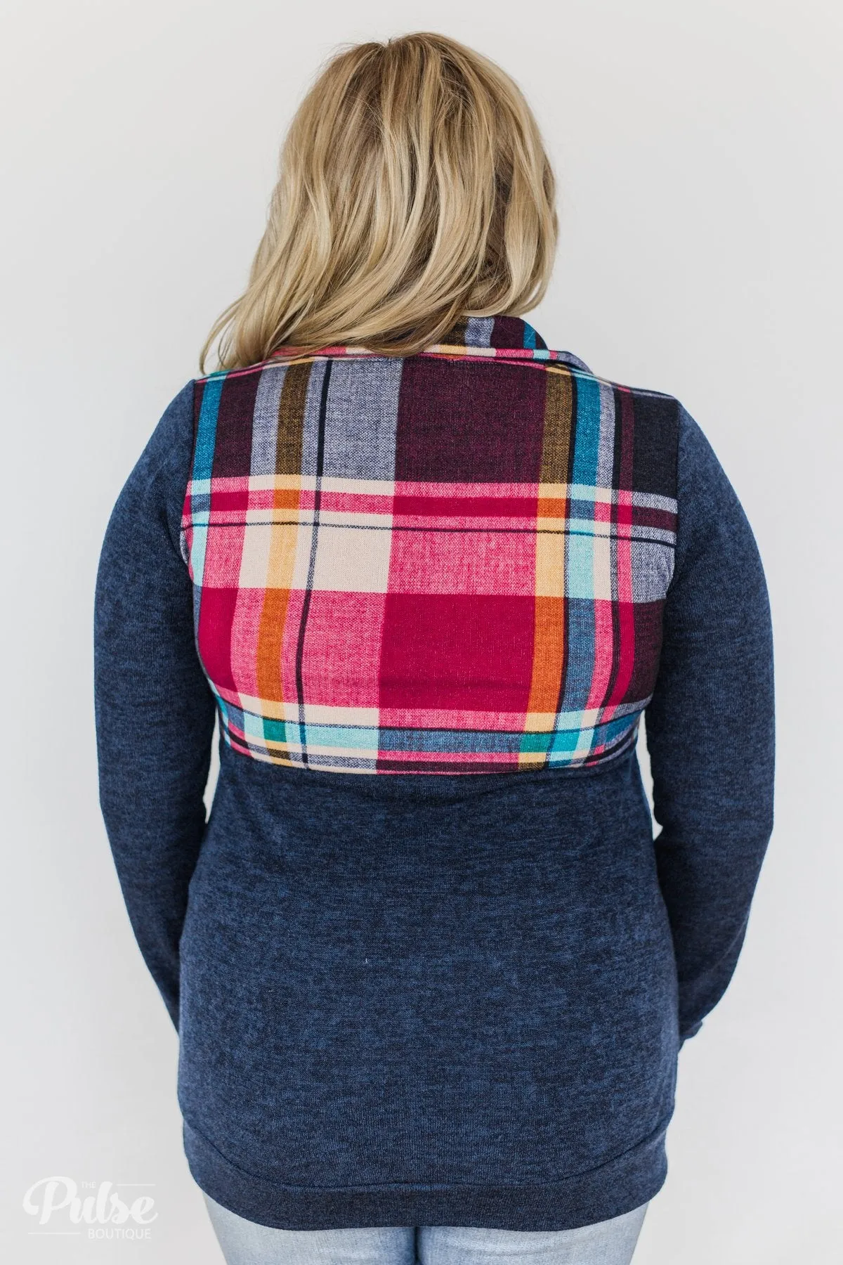 Fun in the Making Plaid Quarter Zip- Navy