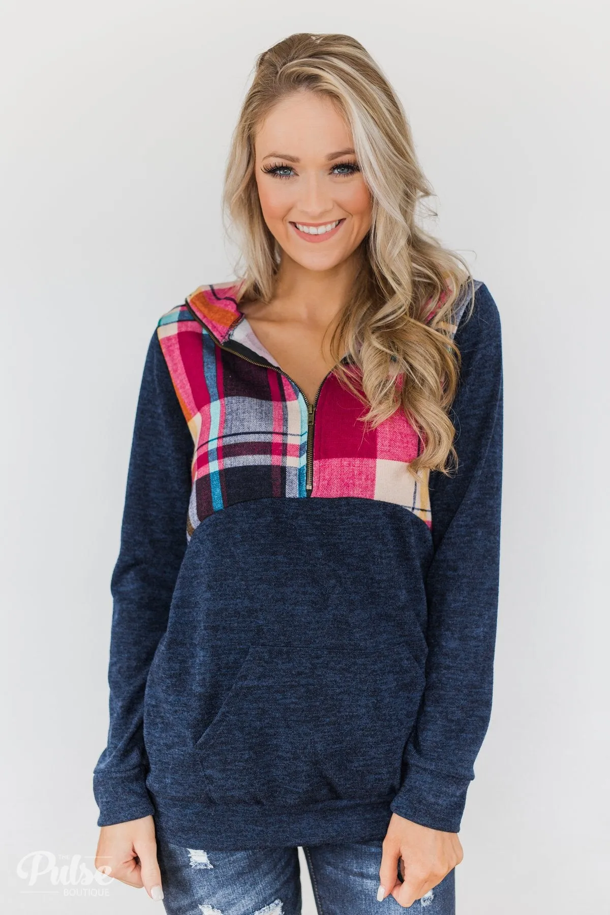 Fun in the Making Plaid Quarter Zip- Navy