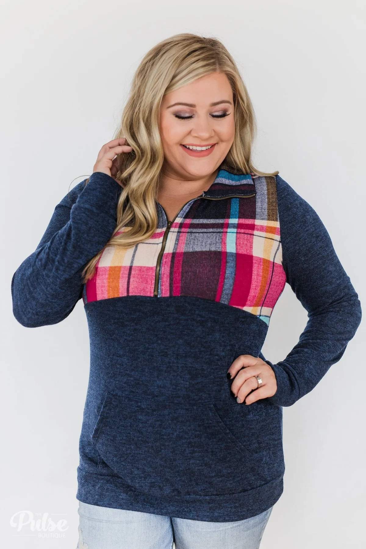 Fun in the Making Plaid Quarter Zip- Navy