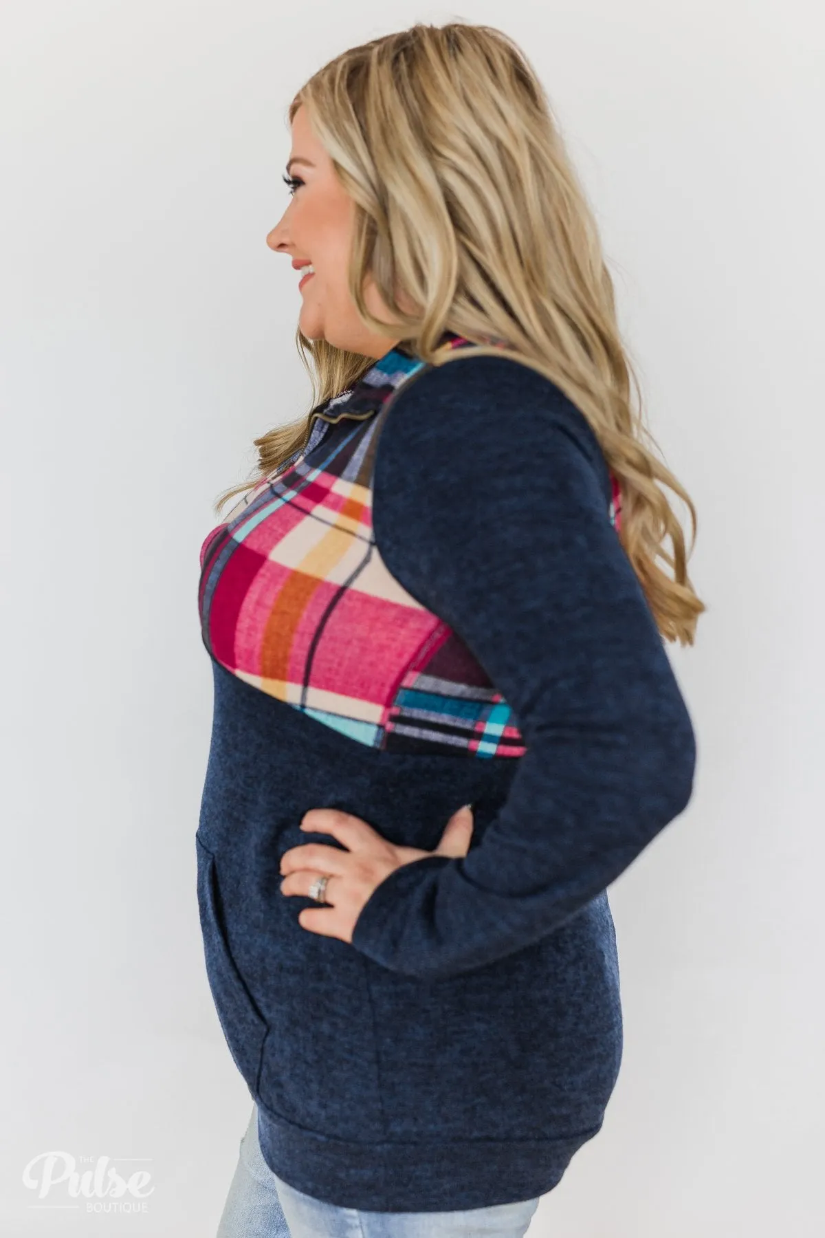 Fun in the Making Plaid Quarter Zip- Navy