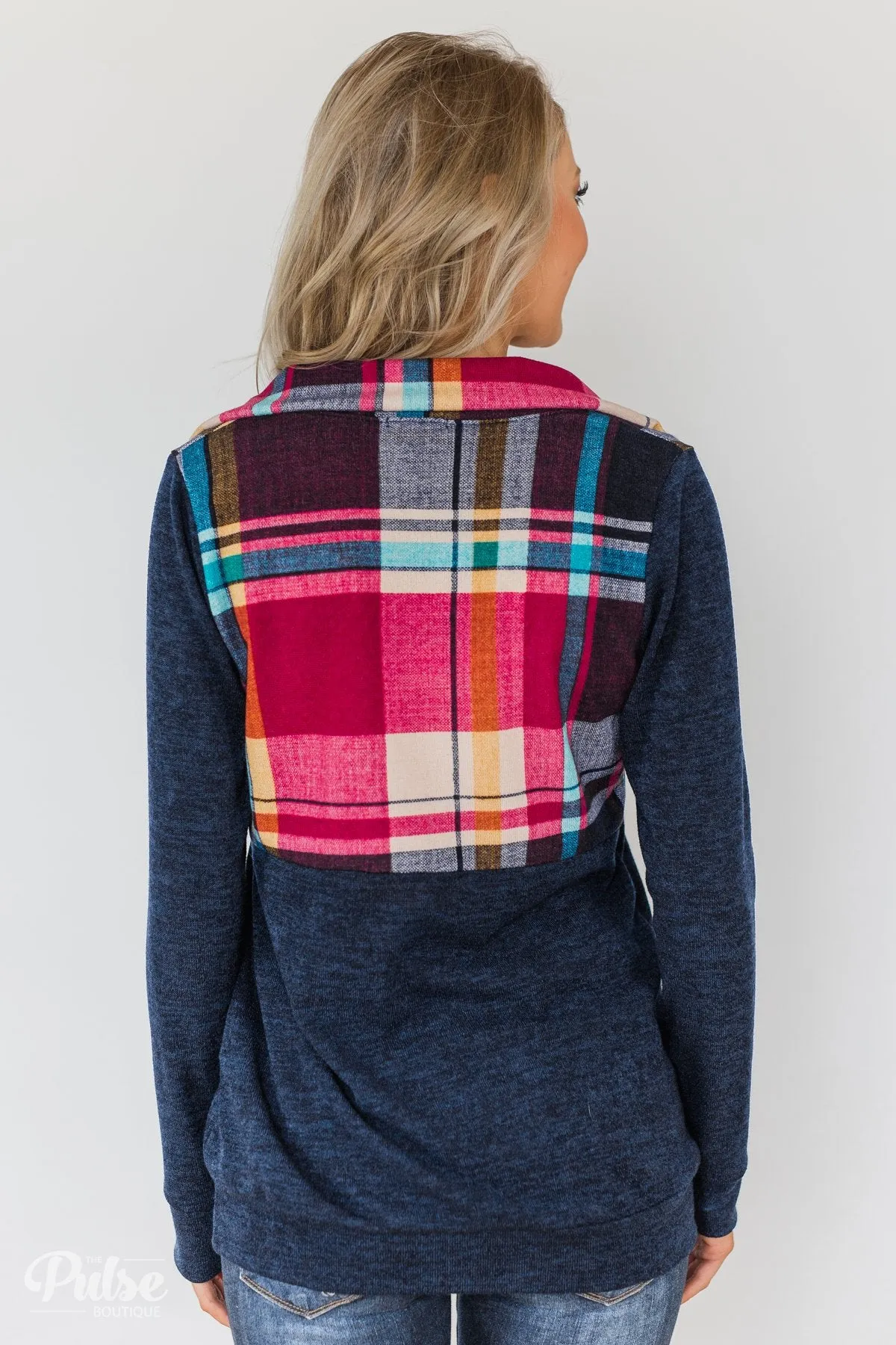 Fun in the Making Plaid Quarter Zip- Navy