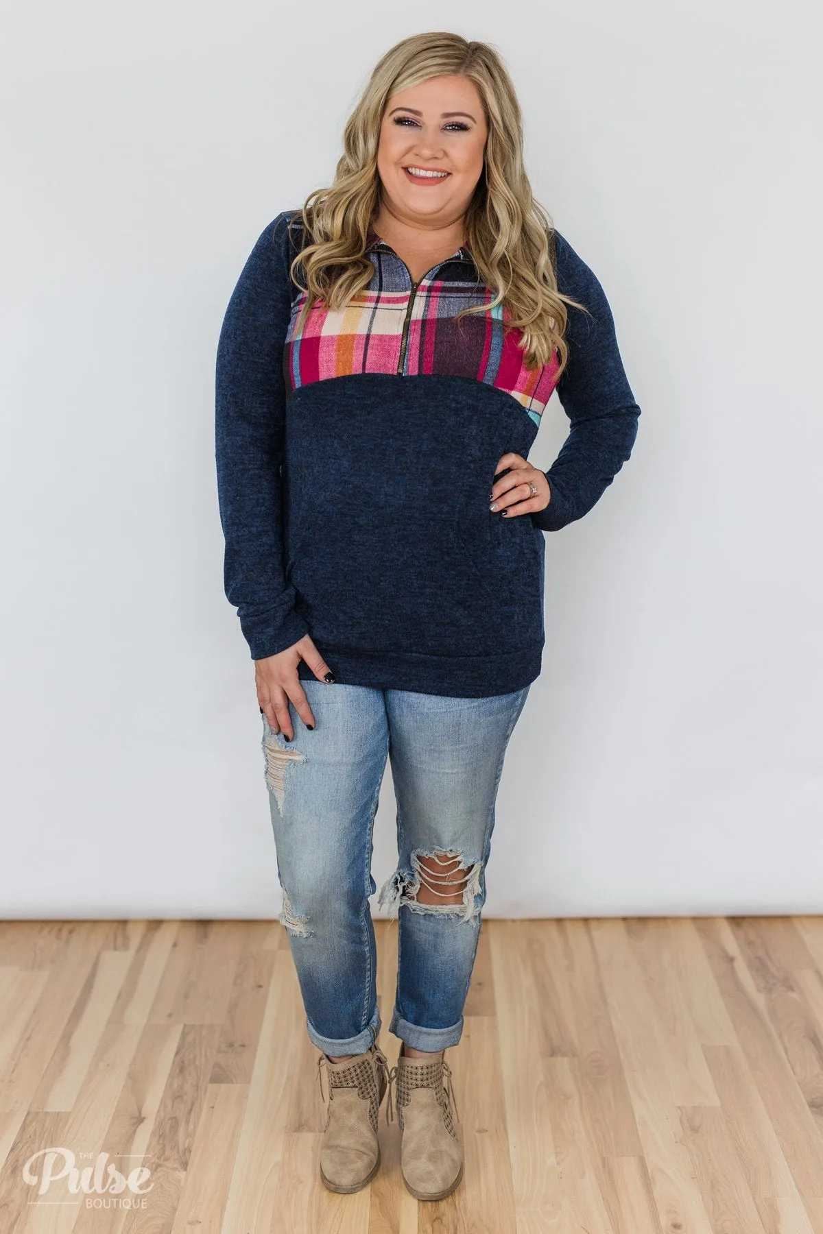 Fun in the Making Plaid Quarter Zip- Navy