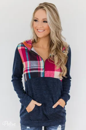 Fun in the Making Plaid Quarter Zip- Navy