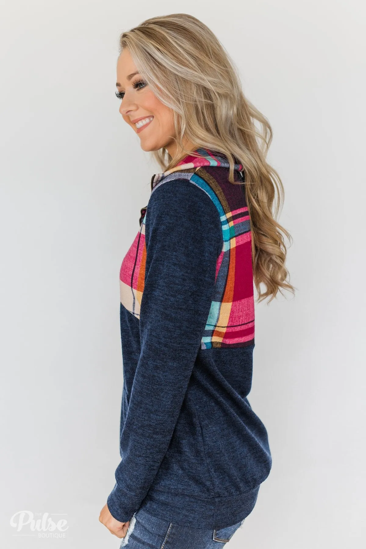 Fun in the Making Plaid Quarter Zip- Navy