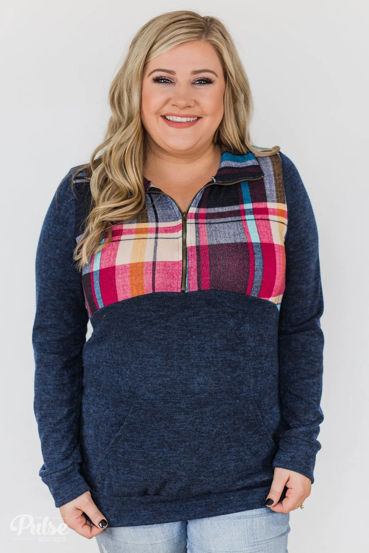 Fun in the Making Plaid Quarter Zip- Navy