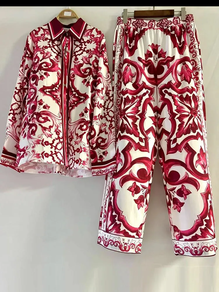 Geometric Print Loose Shirt two-piece