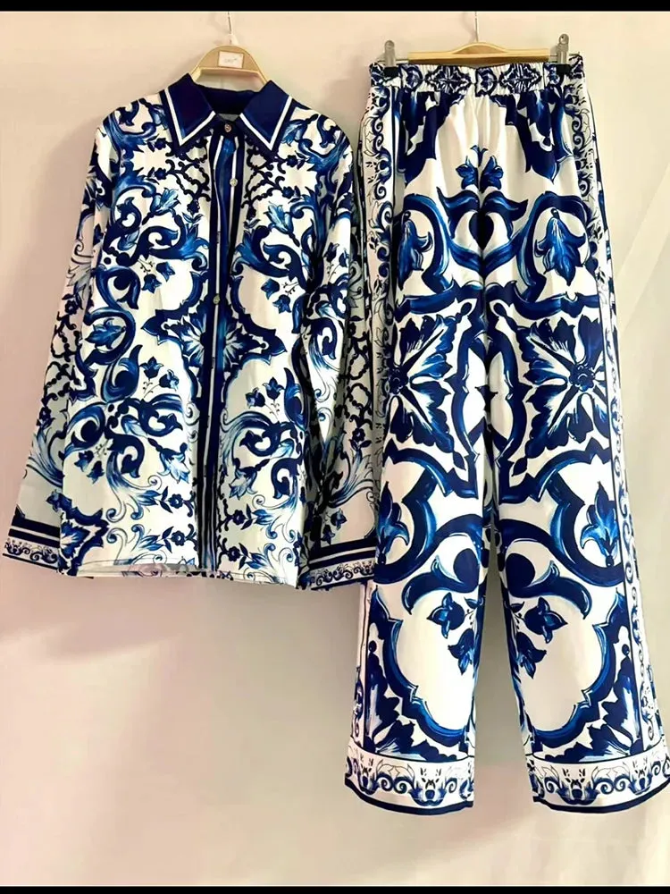 Geometric Print Loose Shirt two-piece