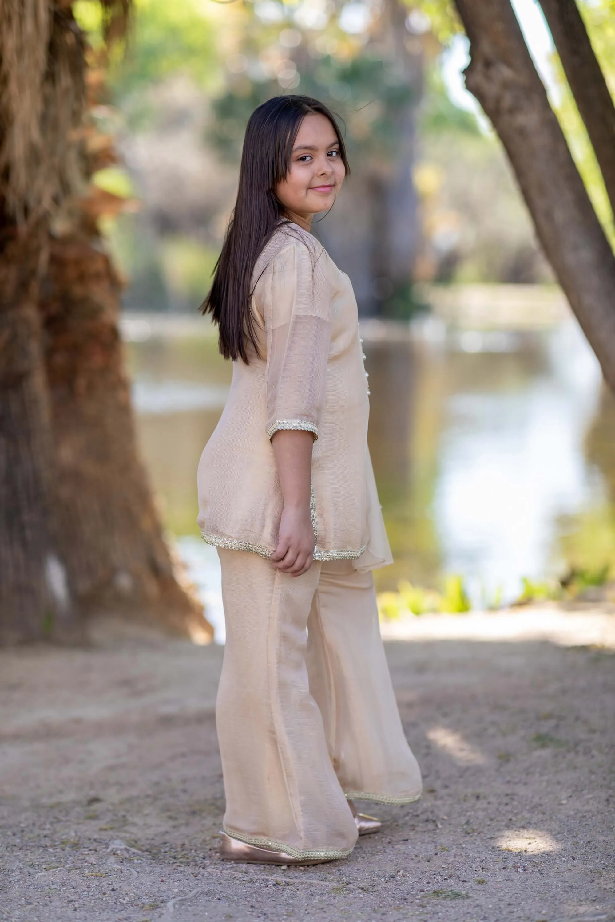 Gold-Beige Net Girls Dress