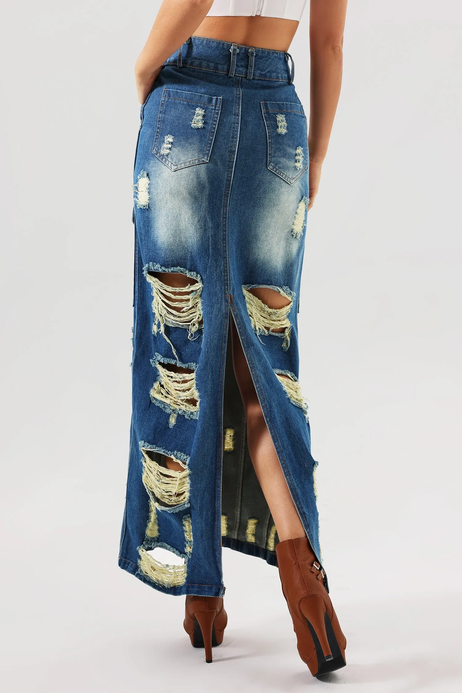 goosudu Valo Slit Ripped Denim Skirt