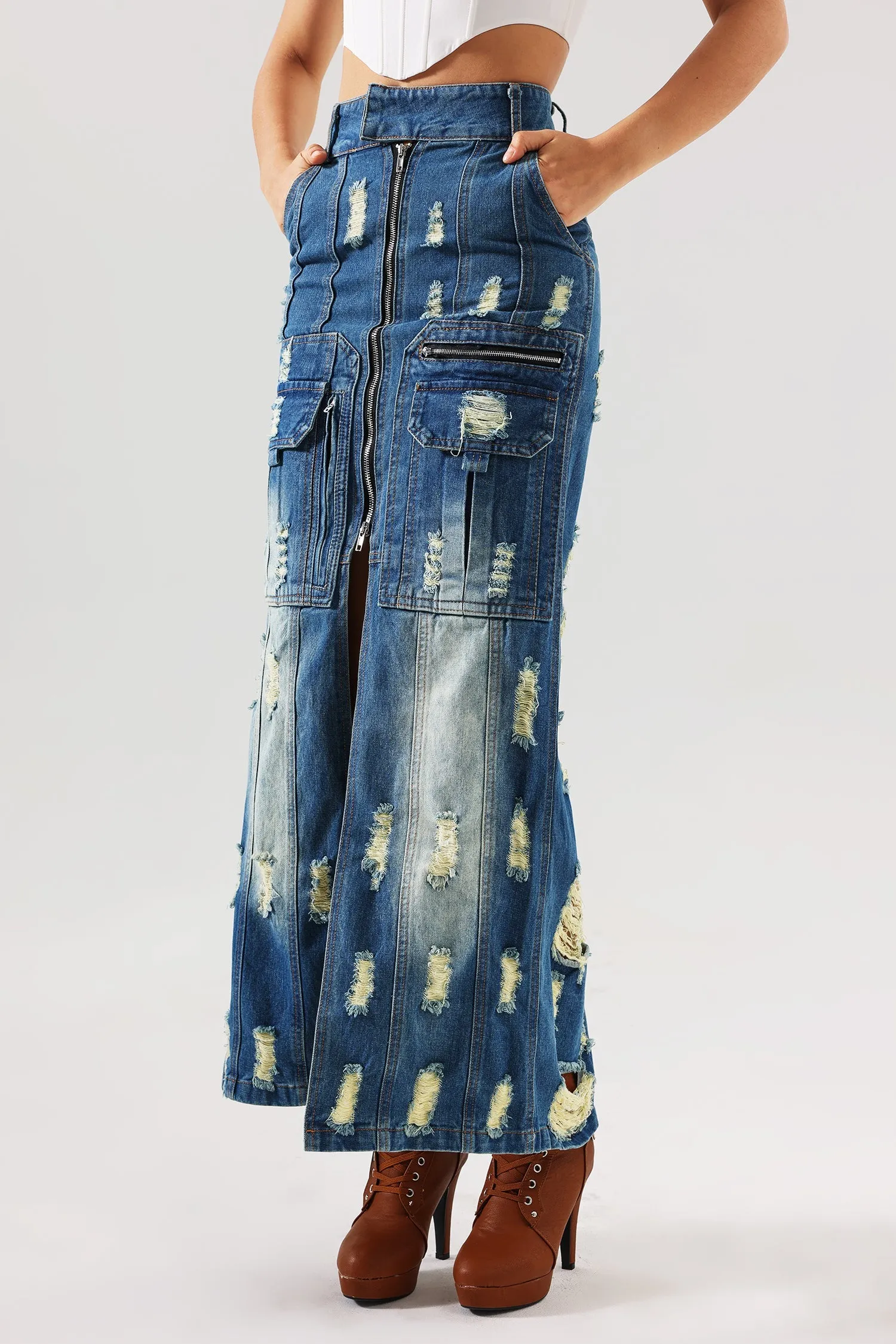 goosudu Valo Slit Ripped Denim Skirt