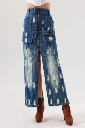 goosudu Valo Slit Ripped Denim Skirt