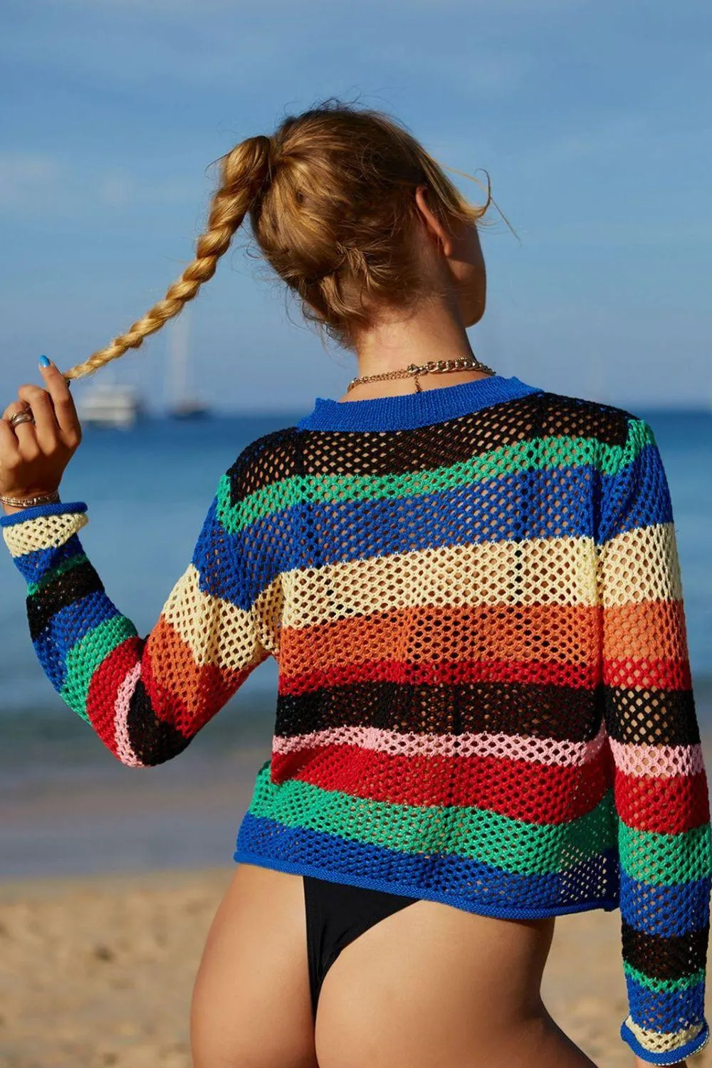 Hazel Blues® | Rainbow Stripe Openwork Long Sleeve Cover-Up