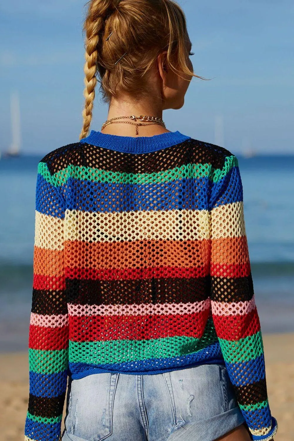Hazel Blues® | Rainbow Stripe Openwork Long Sleeve Cover-Up