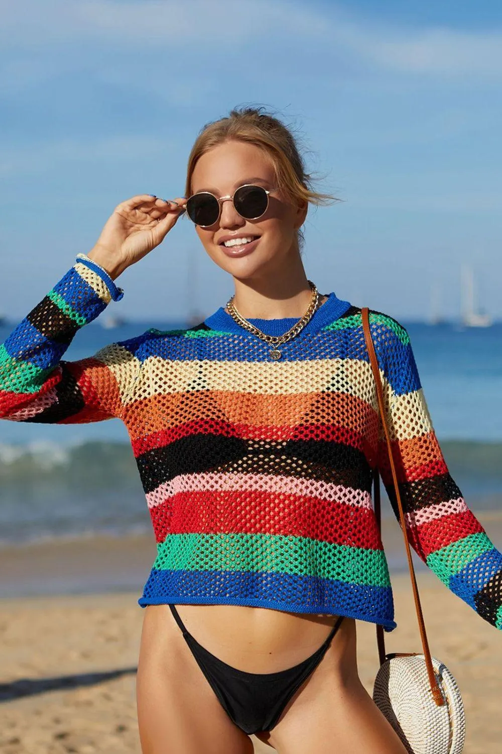 Hazel Blues® | Rainbow Stripe Openwork Long Sleeve Cover-Up