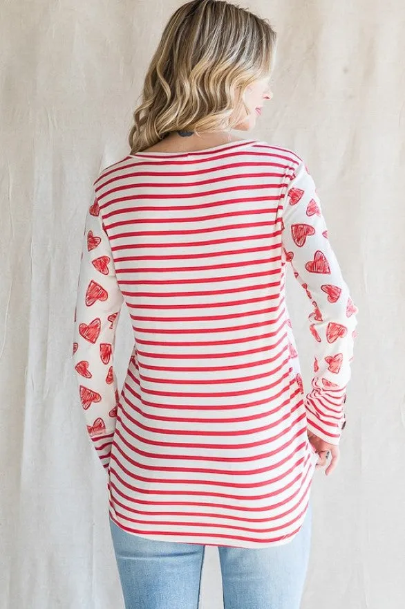 Heart Print Knit Top with Sleeve Buttons