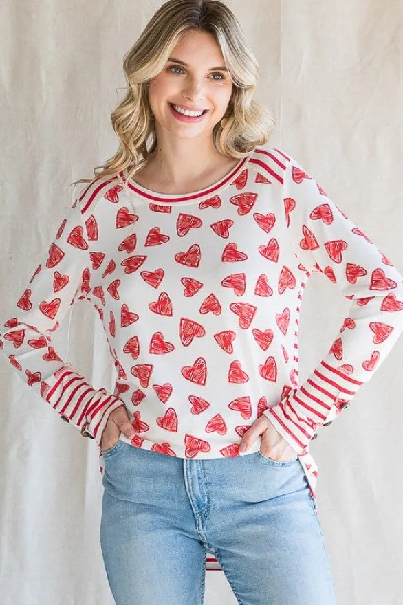 Heart Print Knit Top with Sleeve Buttons