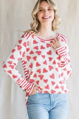 Heart Print Knit Top with Sleeve Buttons