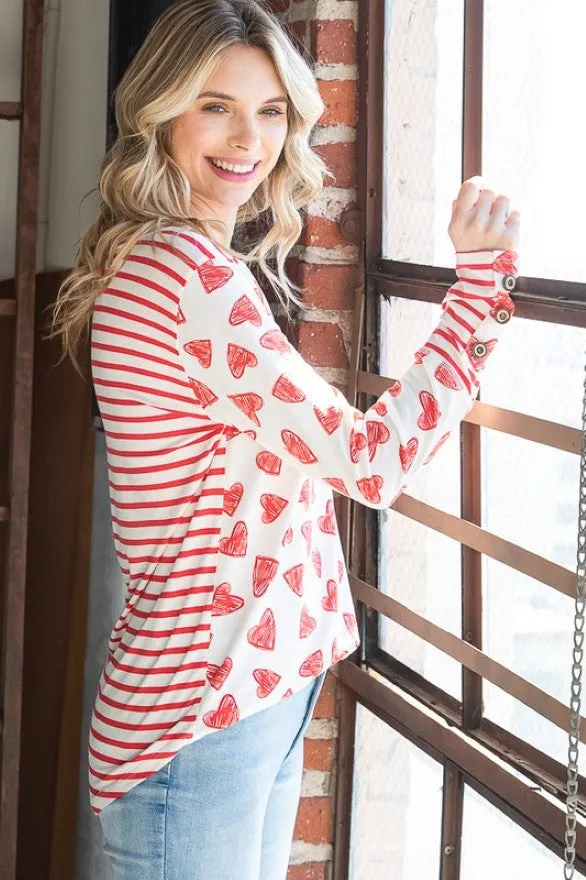 Heart Print Knit Top with Sleeve Buttons